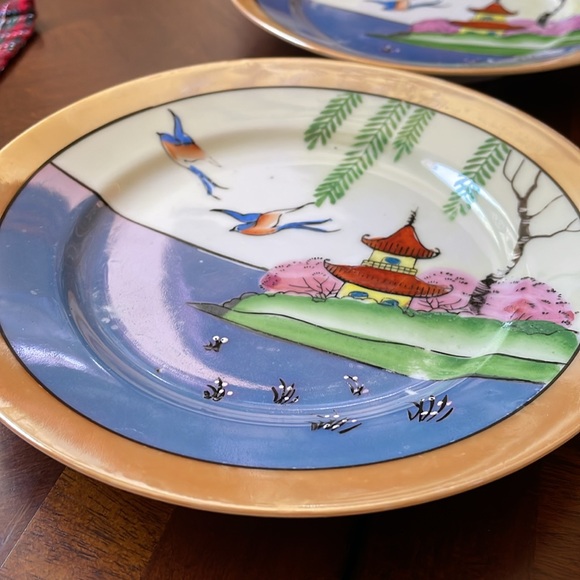 VTG set of 4 lusterware porcelain Japan plates pagoda birds scene - Picture 5 of 10